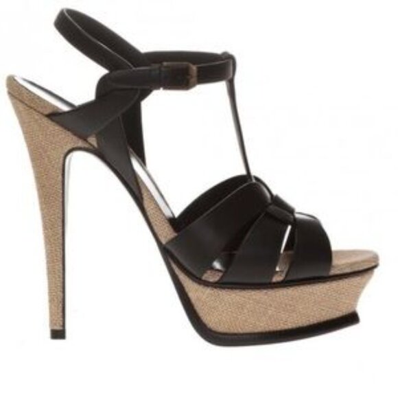 YSL SAINT LAURENT TRIBUTE LINEN AND BLACK LEATHER SANDAL HEEL SIZE 37 - Picture 2 of 6